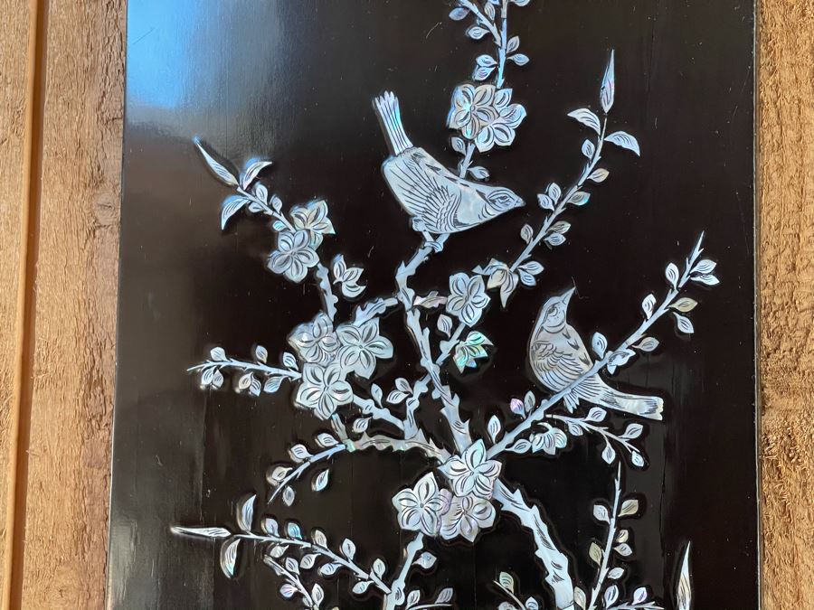 Set Of Four Asian Inlaid Mother Of Pearl Wall Panels Artwork Featuring Various Trees And Birds 11.5W X 23.5H [Photo 9]