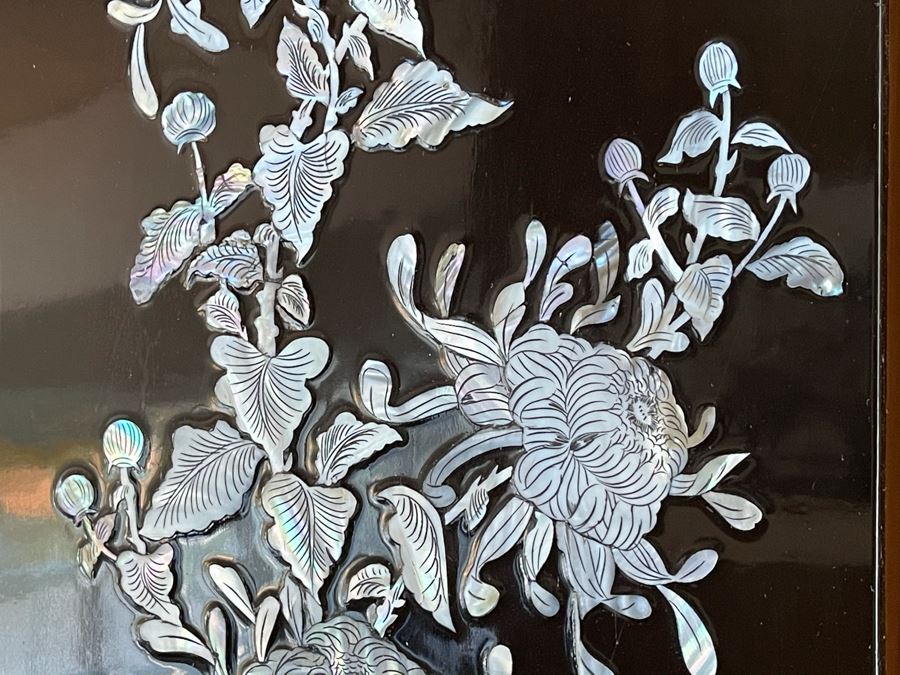 Set Of Four Asian Inlaid Mother Of Pearl Wall Panels Artwork Featuring Various Trees And Birds 11.5W X 23.5H [Photo 13]