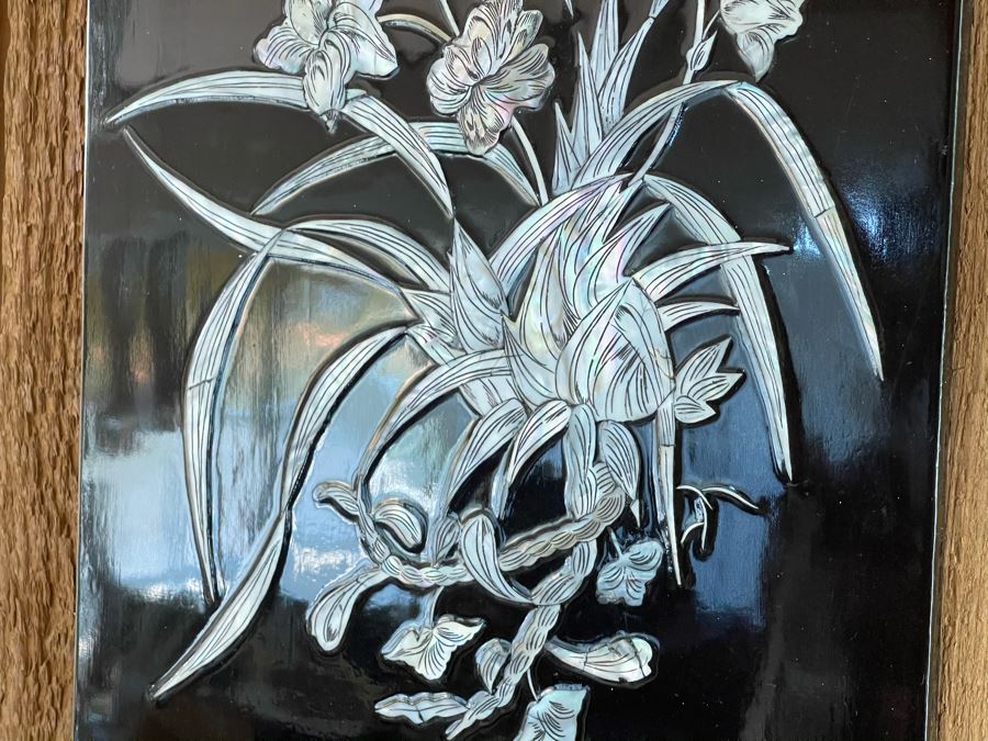 Set Of Four Asian Inlaid Mother Of Pearl Wall Panels Artwork Featuring Various Trees And Birds 11.5W X 23.5H [Photo 15]