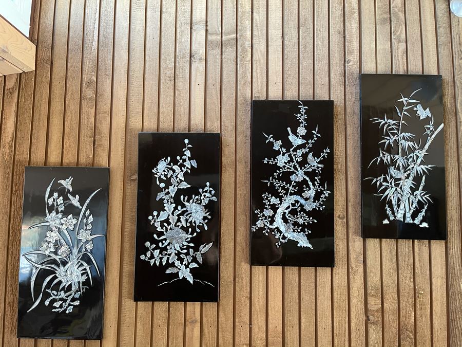 Set Of Four Asian Inlaid Mother Of Pearl Wall Panels Artwork Featuring Various Trees And Birds 11.5W X 23.5H [Photo 3]