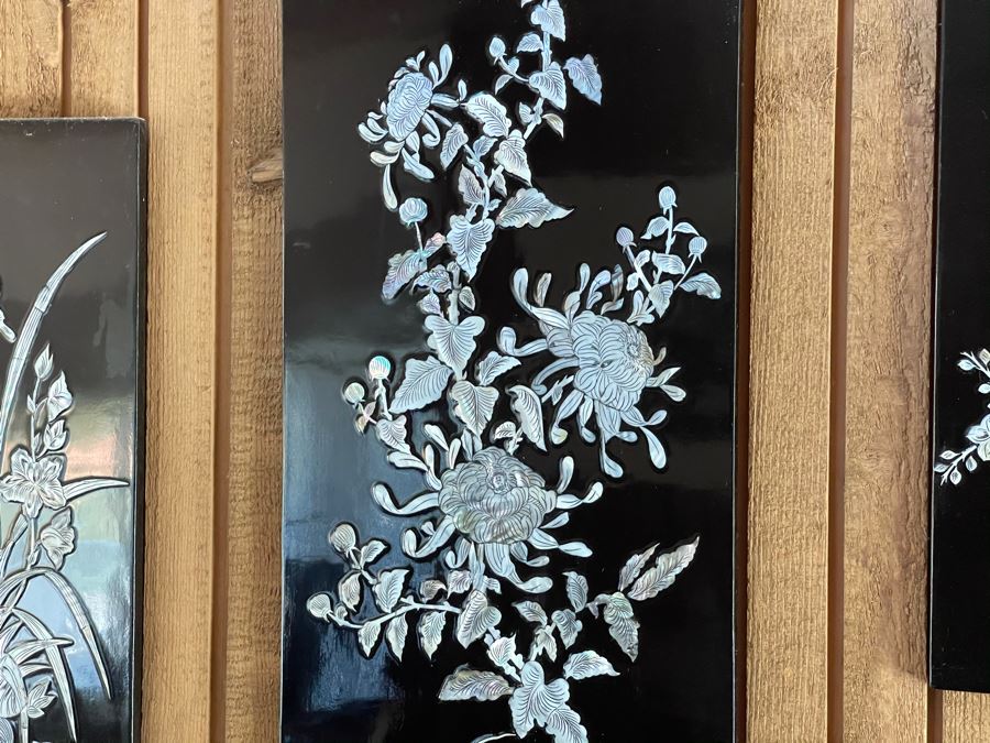 Set Of Four Asian Inlaid Mother Of Pearl Wall Panels Artwork Featuring Various Trees And Birds 11.5W X 23.5H [Photo 11]