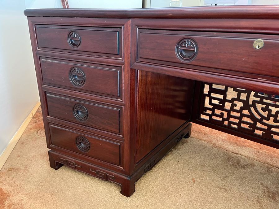 Impressive Rosewood 3-Piece Desk With Rosewood Armchair On Casters 80W X 33D X 30.5H [Photo 2]