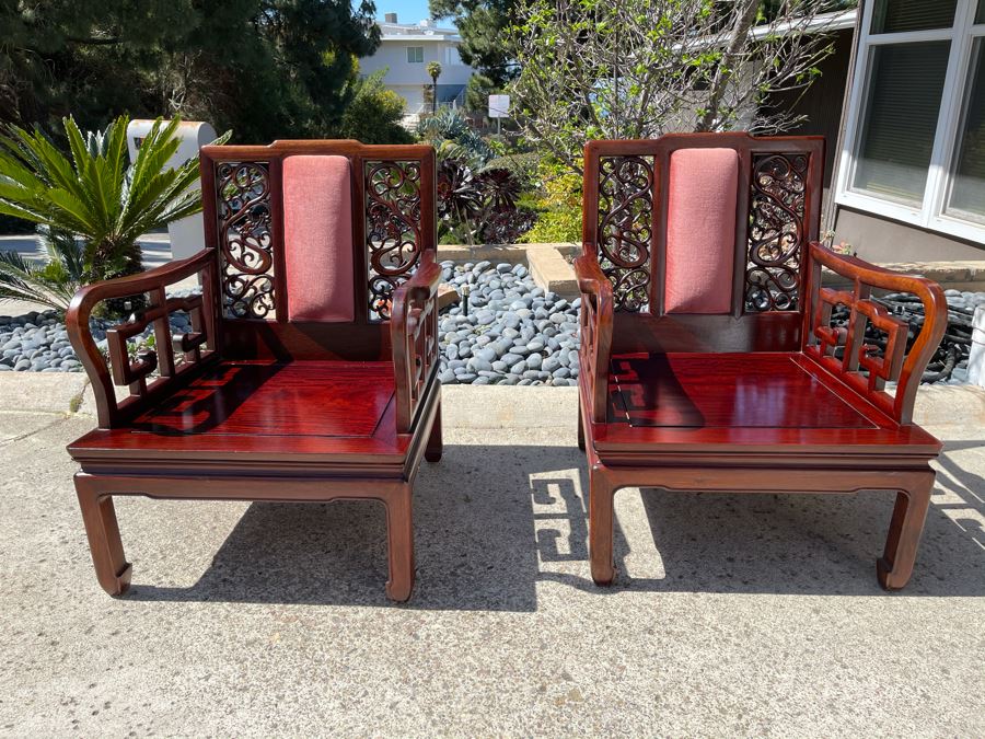 Pair Of Vintage Chinese Carved Rosewood Armchairs With Dragon Serpent Motif (Have Seat Cushions) [Photo 3]