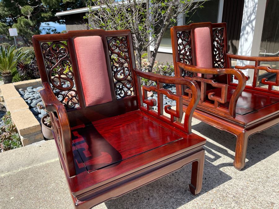 Pair Of Vintage Chinese Carved Rosewood Armchairs With Dragon Serpent Motif (Have Seat Cushions) [Photo 9]