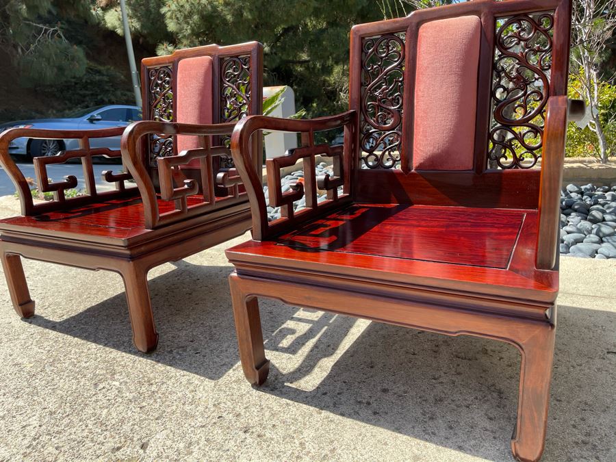 Pair Of Vintage Chinese Carved Rosewood Armchairs With Dragon Serpent Motif (Have Seat Cushions) [Photo 8]