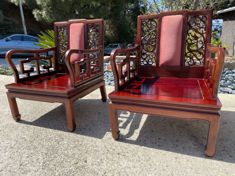 Pair Of Vintage Chinese Carved Rosewood Armchairs With Dragon Serpent Motif (Have Seat Cushions) [Photo 7]