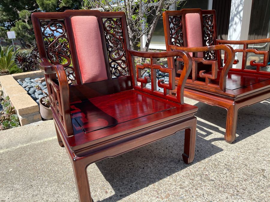 Pair Of Vintage Chinese Carved Rosewood Armchairs With Dragon Serpent Motif (Have Seat Cushions) [Photo 2]