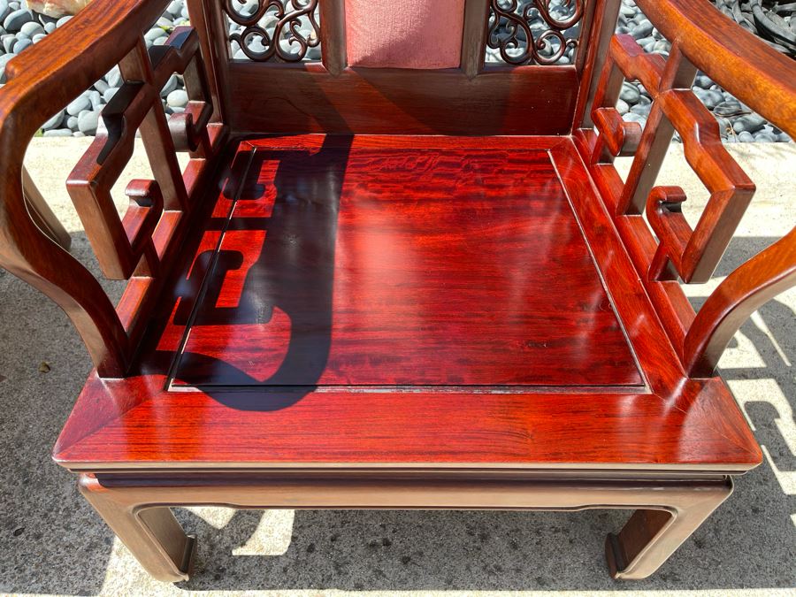 Pair Of Vintage Chinese Carved Rosewood Armchairs With Dragon Serpent Motif (Have Seat Cushions) [Photo 11]