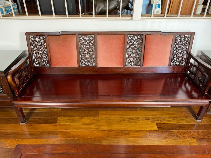 Vintage Chinese Carved Rosewood Long Bench Sofa With Dragon Serpent Motif (Have Seat Cushion With New Upholstery) 80W X 27D X 32H [Photo 2]