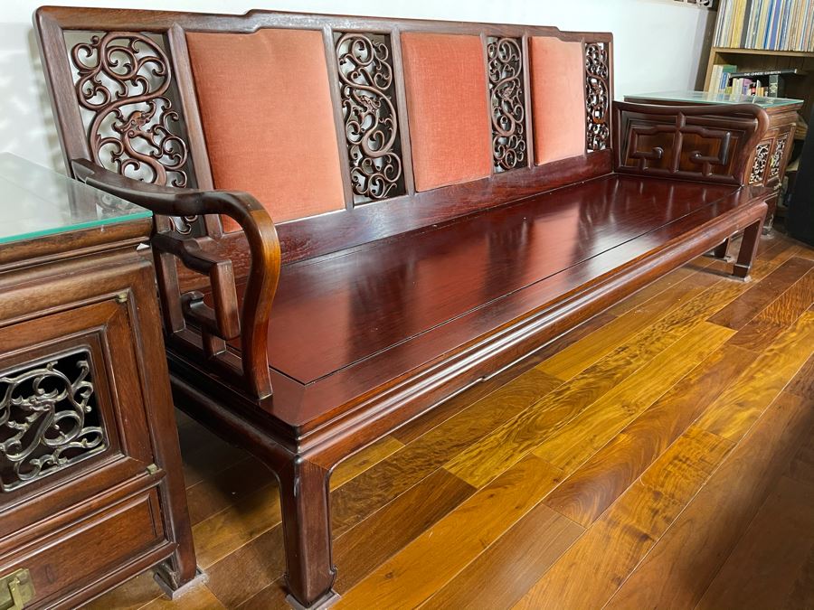 Vintage Chinese Carved Rosewood Long Bench Sofa With Dragon Serpent Motif (Have Seat Cushion With New Upholstery) 80W X 27D X 32H [Photo 10]