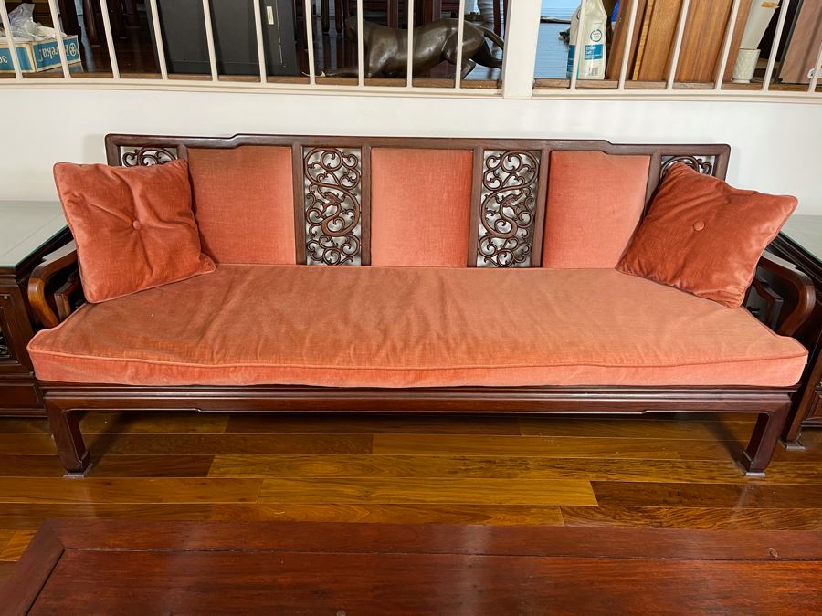 Vintage Chinese Carved Rosewood Long Bench Sofa With Dragon Serpent Motif (Have Seat Cushion With New Upholstery) 80W X 27D X 32H [Photo 3]