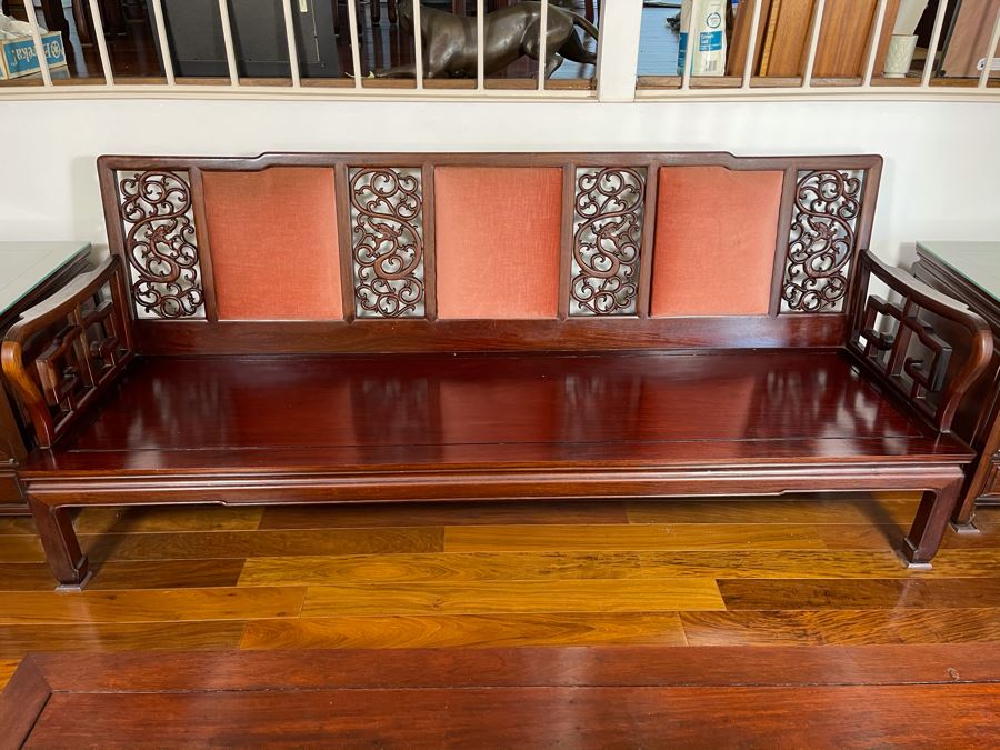 Vintage Chinese Carved Rosewood Long Bench Sofa With Dragon Serpent Motif (Have Seat Cushion With New Upholstery) 80W X 27D X 32H [Photo 6]
