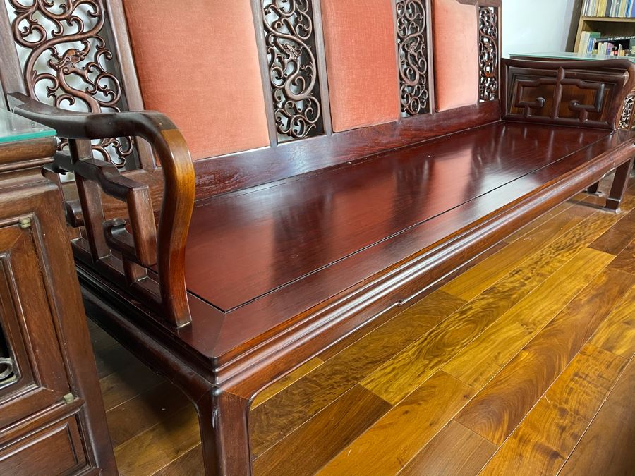 Vintage Chinese Carved Rosewood Long Bench Sofa With Dragon Serpent Motif (Have Seat Cushion With New Upholstery) 80W X 27D X 32H [Photo 9]
