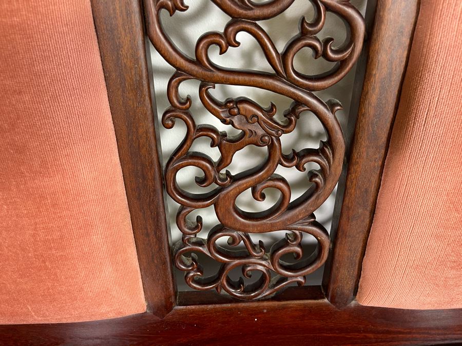 Vintage Chinese Carved Rosewood Long Bench Sofa With Dragon Serpent Motif (Have Seat Cushion With New Upholstery) 80W X 27D X 32H [Photo 8]