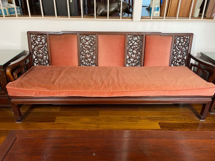 Vintage Chinese Carved Rosewood Long Bench Sofa With Dragon Serpent Motif (Have Seat Cushion With New Upholstery) 80W X 27D X 32H [Photo 13]