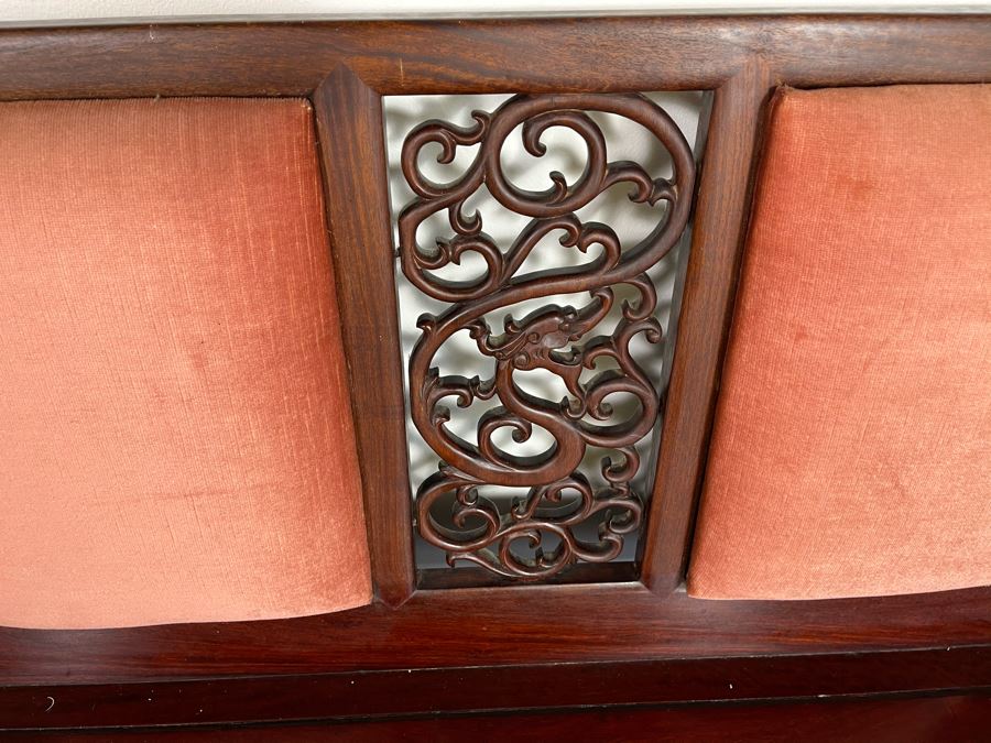 Vintage Chinese Carved Rosewood Long Bench Sofa With Dragon Serpent Motif (Have Seat Cushion With New Upholstery) 80W X 27D X 32H [Photo 7]