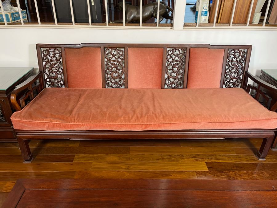 Vintage Chinese Carved Rosewood Long Bench Sofa With Dragon Serpent Motif (Have Seat Cushion With New Upholstery) 80W X 27D X 32H [Photo 12]