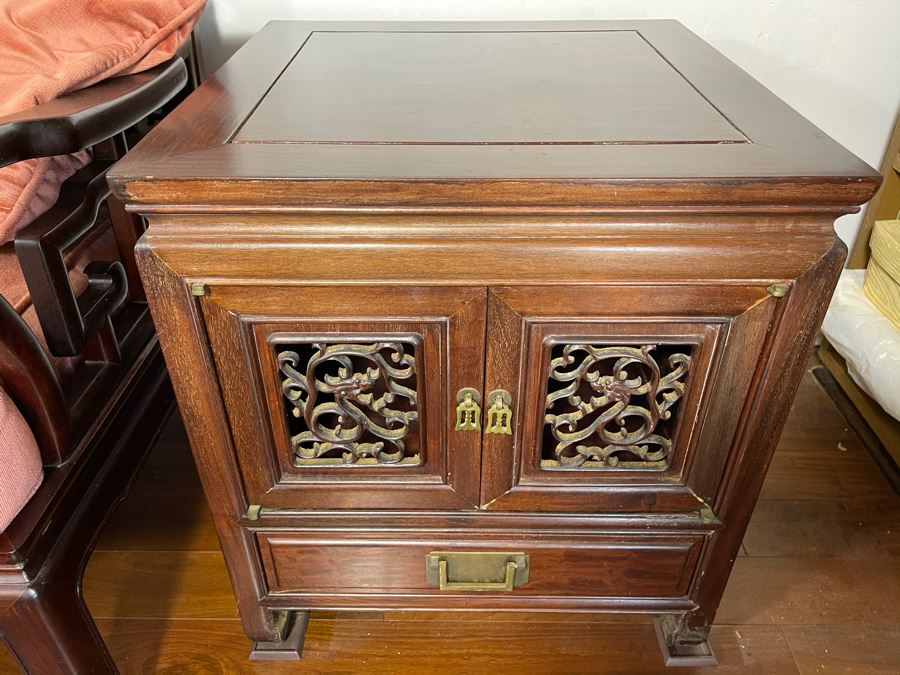 Pair Of Vintage Chinese Carved Rosewood Side Tables Cabinets With Dragon Serpent Motif [Photo 11]
