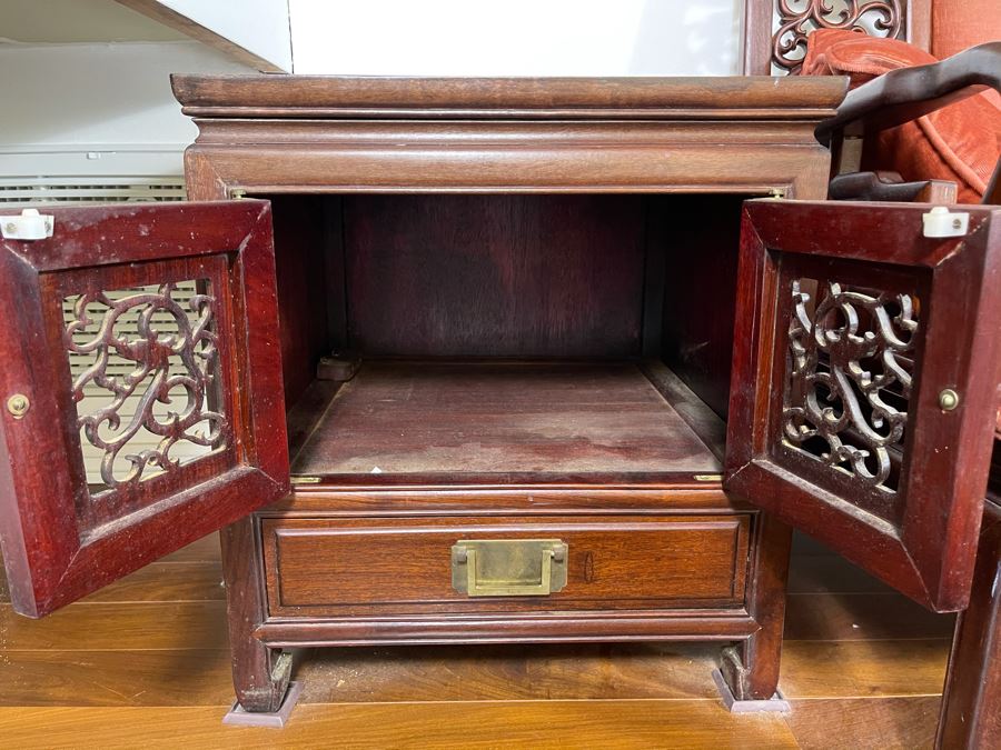 Pair Of Vintage Chinese Carved Rosewood Side Tables Cabinets With Dragon Serpent Motif [Photo 8]
