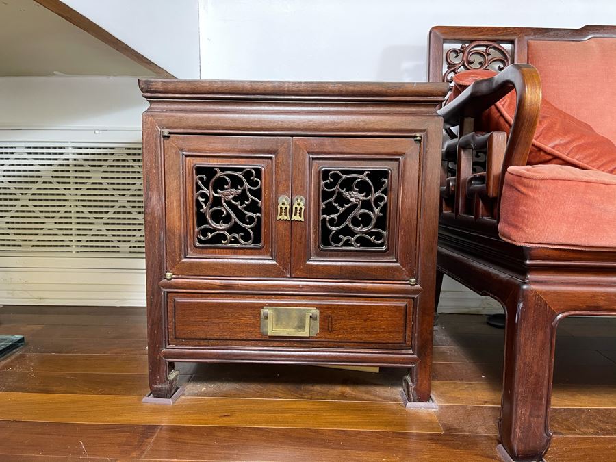 Pair Of Vintage Chinese Carved Rosewood Side Tables Cabinets With Dragon Serpent Motif [Photo 3]