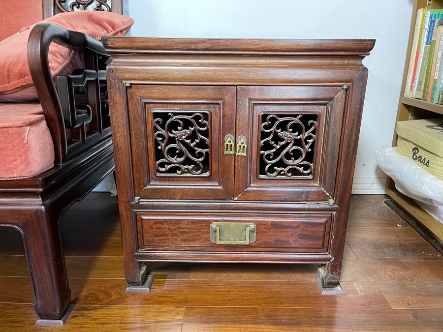 Pair Of Vintage Chinese Carved Rosewood Side Tables Cabinets With Dragon Serpent Motif [Photo 14]