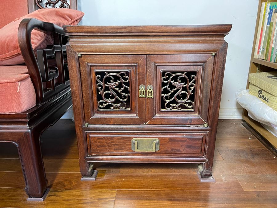 Pair Of Vintage Chinese Carved Rosewood Side Tables Cabinets With Dragon Serpent Motif [Photo 10]