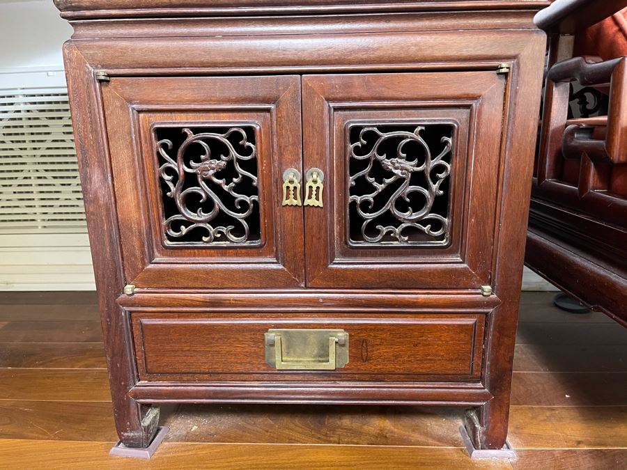 Pair Of Vintage Chinese Carved Rosewood Side Tables Cabinets With Dragon Serpent Motif [Photo 5]