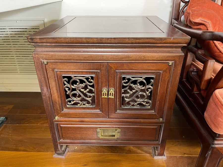 Pair Of Vintage Chinese Carved Rosewood Side Tables Cabinets With Dragon Serpent Motif [Photo 4]
