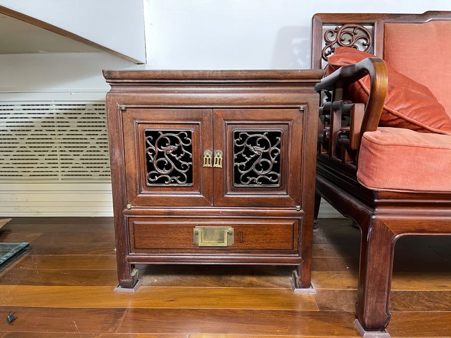 Pair Of Vintage Chinese Carved Rosewood Side Tables Cabinets With Dragon Serpent Motif [Photo 2]