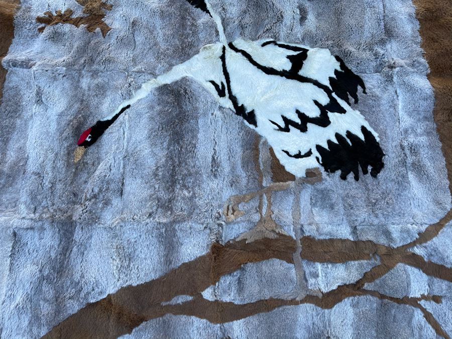 Vintage Chinese Hand Stitched Fur Artwork Rug Of Red Crowned Cranes 38 X 56 [Photo 3]