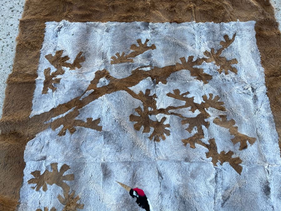 Vintage Chinese Hand Stitched Fur Artwork Rug Of Red Crowned Cranes 38 X 56 [Photo 5]