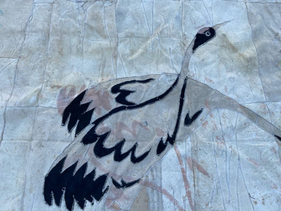 Vintage Chinese Hand Stitched Fur Artwork Rug Of Red Crowned Cranes 38 X 56 [Photo 7]