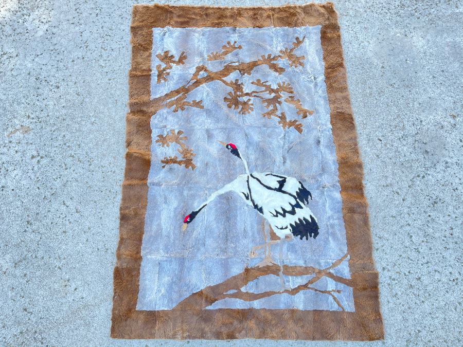 Vintage Chinese Hand Stitched Fur Artwork Rug Of Red Crowned Cranes 38 X 56