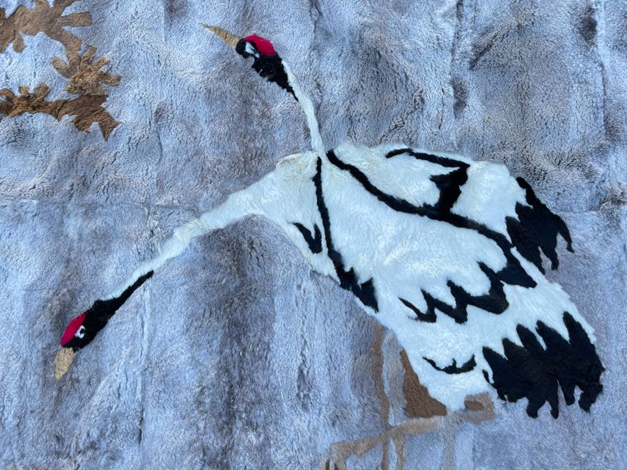 Vintage Chinese Hand Stitched Fur Artwork Rug Of Red Crowned Cranes 38 X 56 [Photo 2]