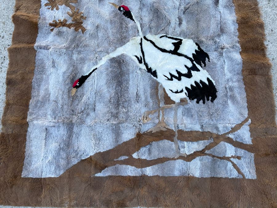 Vintage Chinese Hand Stitched Fur Artwork Rug Of Red Crowned Cranes 38 X 56 [Photo 4]