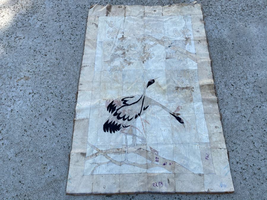 Vintage Chinese Hand Stitched Fur Artwork Rug Of Red Crowned Cranes 38 X 56 [Photo 6]