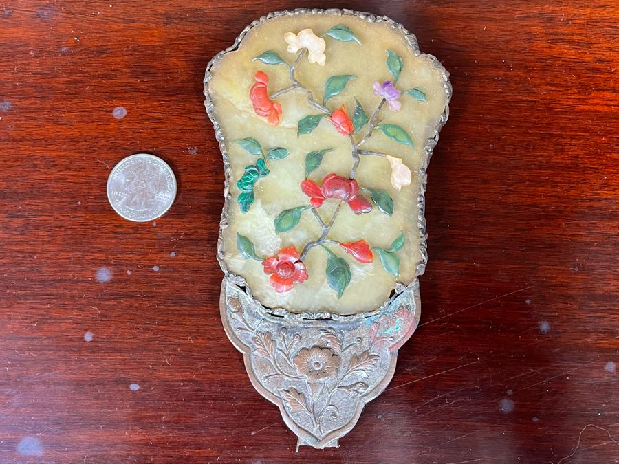 Antique Asian Hand Held Mirror With Semi Precious Stones (Missing Handle) 3.5W X 6H [Photo 3]