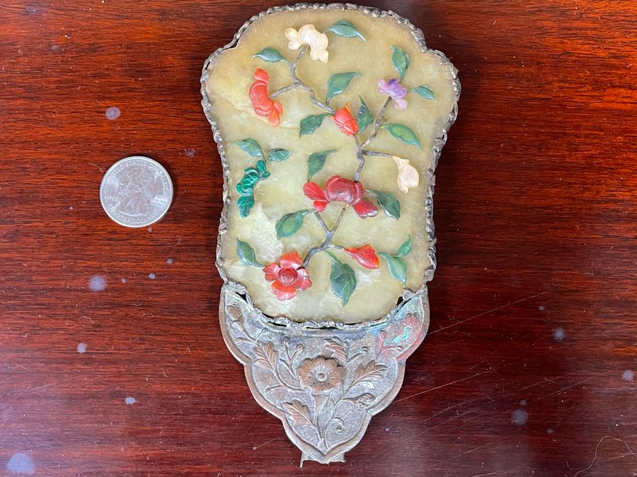 Antique Asian Hand Held Mirror With Semi Precious Stones (Missing Handle) 3.5W X 6H [Photo 2]