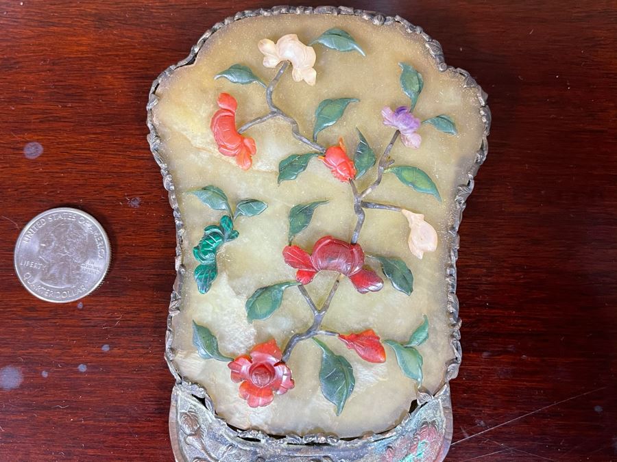 Antique Asian Hand Held Mirror With Semi Precious Stones (Missing Handle) 3.5W X 6H [Photo 4]