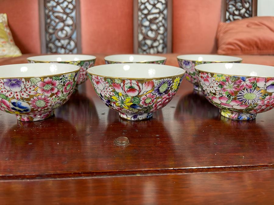 Six Signed Hand-Painted Asian Porcelain Cups 4.5R