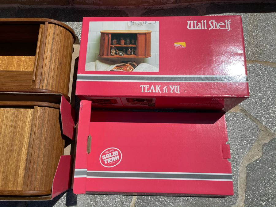 Pair Of New Solid Teak Wall Shelves With Tambour Sliding Doors 18W X 5.5D X 9H  [Photo 2]