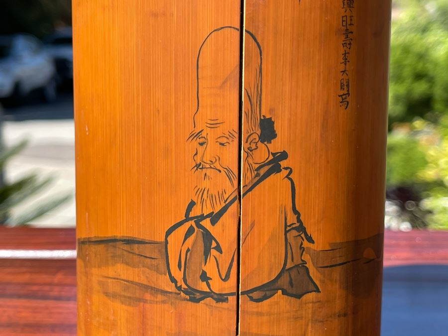 Vintage Asian Hand-Painted Bamboo Culm Signed Artwork (Bamboo Has Several Vertical Cracks) 9H [Photo 4]