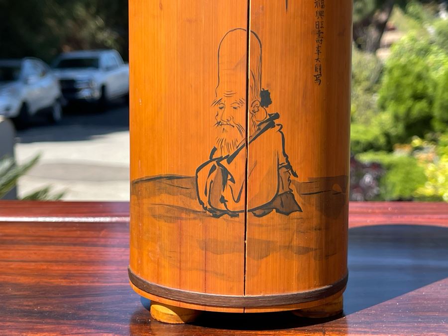 Vintage Asian Hand-Painted Bamboo Culm Signed Artwork (Bamboo Has Several Vertical Cracks) 9H [Photo 3]