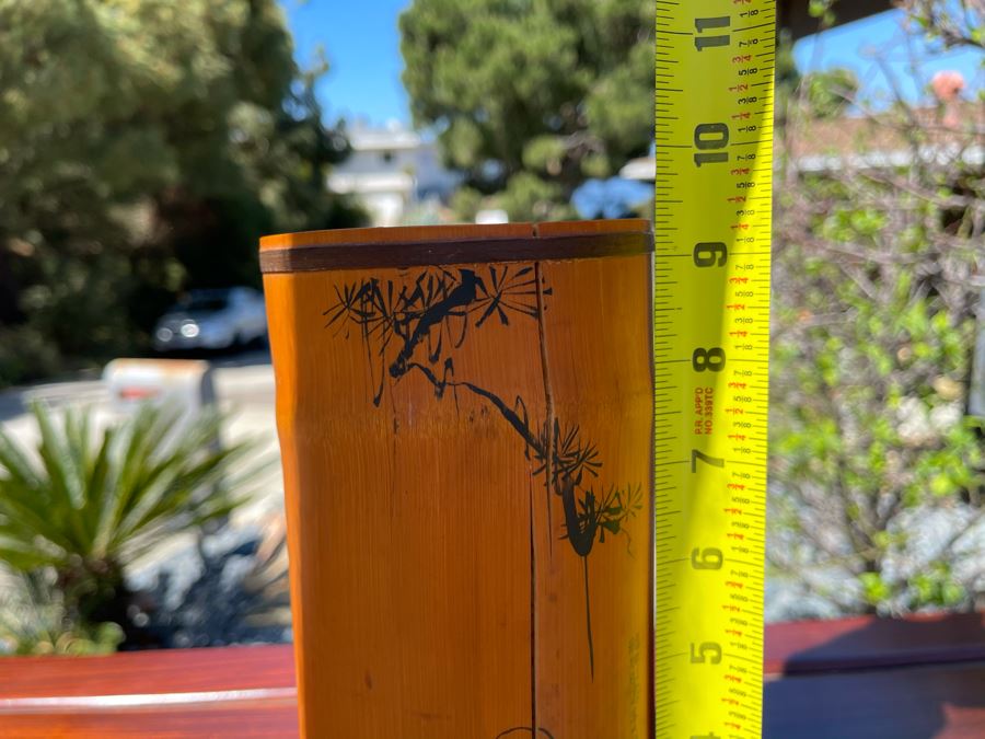 Vintage Asian Hand-Painted Bamboo Culm Signed Artwork (Bamboo Has Several Vertical Cracks) 9H [Photo 8]