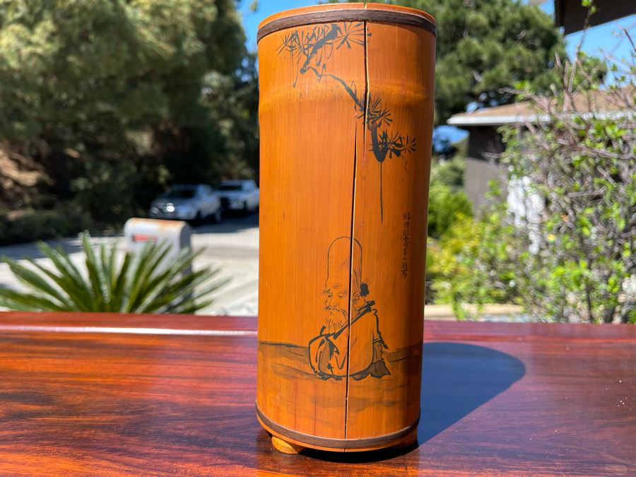 Vintage Asian Hand-Painted Bamboo Culm Signed Artwork (Bamboo Has Several Vertical Cracks) 9H [Photo 2]