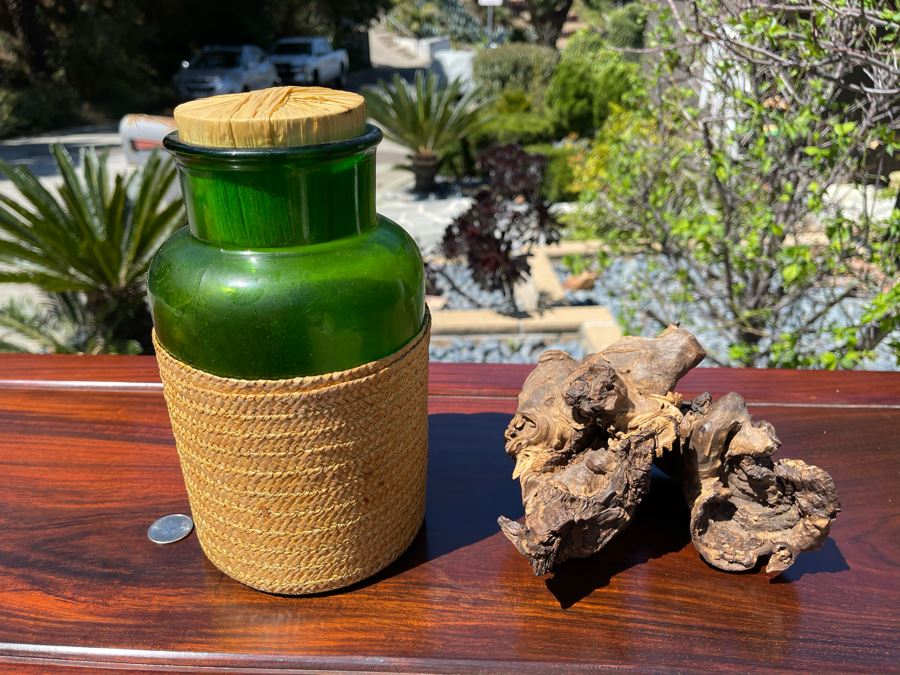 Green Glass Bottle 9H And Driftwood Organic Sculpture [Photo 3]