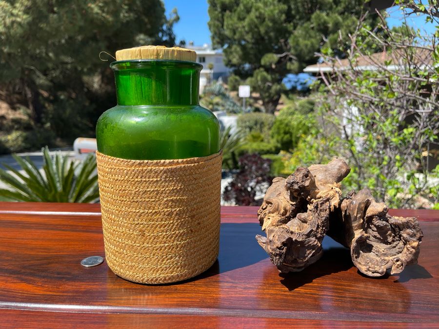 Green Glass Bottle 9H And Driftwood Organic Sculpture [Photo 2]