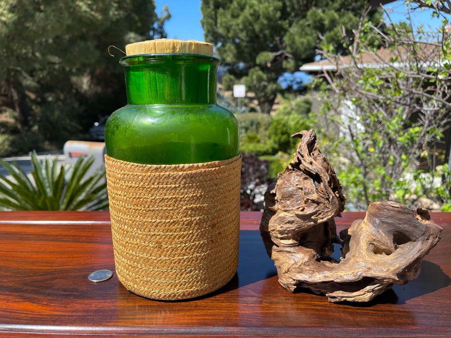 Green Glass Bottle 9H And Driftwood Organic Sculpture [Photo 1]