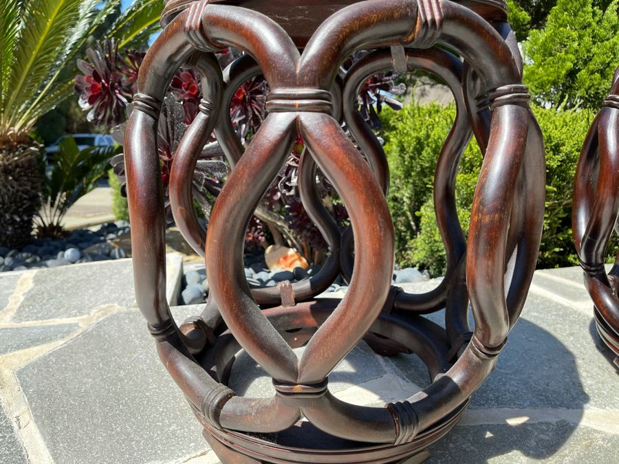 Pair Of Chinese Wooden Side Tables Plant Stands Stools With Porcelain Tops 16W X 18H [Photo 6]