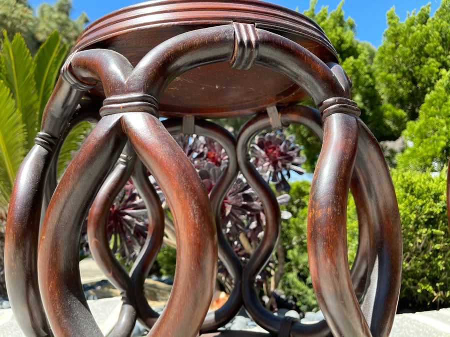 Pair Of Chinese Wooden Side Tables Plant Stands Stools With Porcelain Tops 16W X 18H [Photo 7]